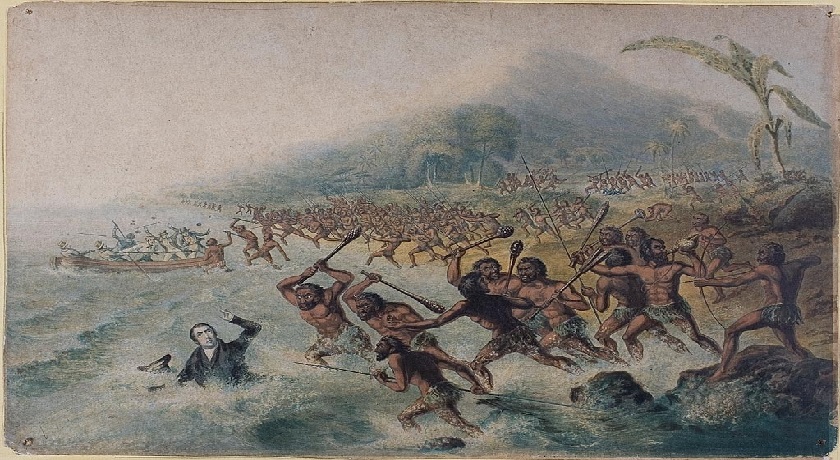News banner The Massacre of the Lamented Missionary the Revd J Williams and Mr Harris 1841 credit George Baxter 1804 1867 WikiCommons